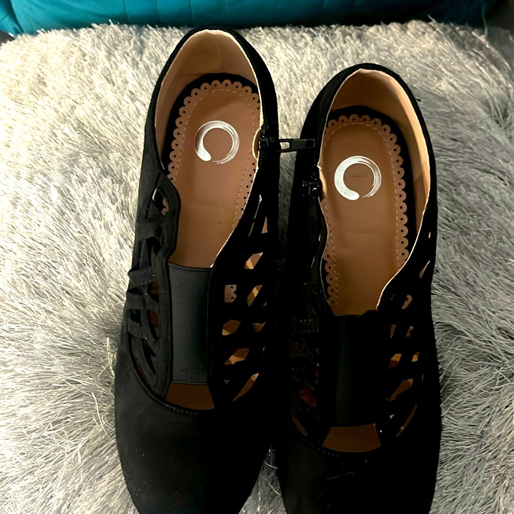 Brand new faux suede black dressy bootie heels.